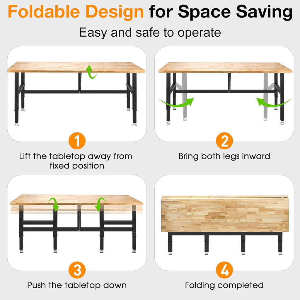 72” Folding Workbench, 3000 LBS Capacity Heavy Duty Workbench, Height Adjustable Foldable Work Table, Rubberwood Collapsible Desk for Workshop, Garage, Office, Home