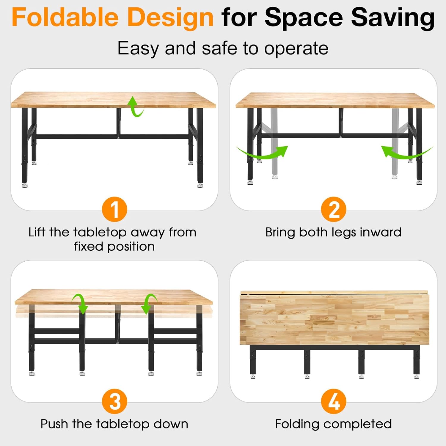 72” Folding Workbench, 3000 LBS Capacity Heavy Duty Workbench, Height Adjustable Foldable Work Table, Rubberwood Collapsible Desk for Workshop, Garage, Office, Home
