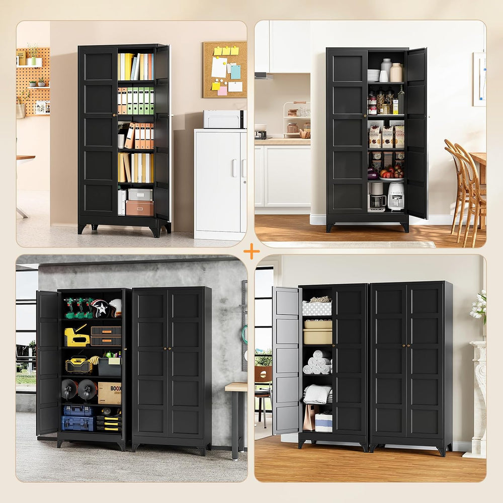 Yizosh Metal Pantry Cabinet,- 72" Black Kitchen Pantry Storage Cabinet w...