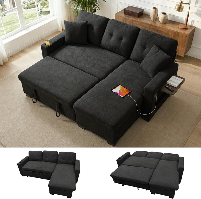 KCGKCG 82" L Shaped Sleeper Sofa Bed, Pull Out Sectional Couch with Storage Chaise/Reclining Backrest, Sectional Couches for Living Room with USB Port, Foldable Table, Cup Holder, Side Pocket, Black
