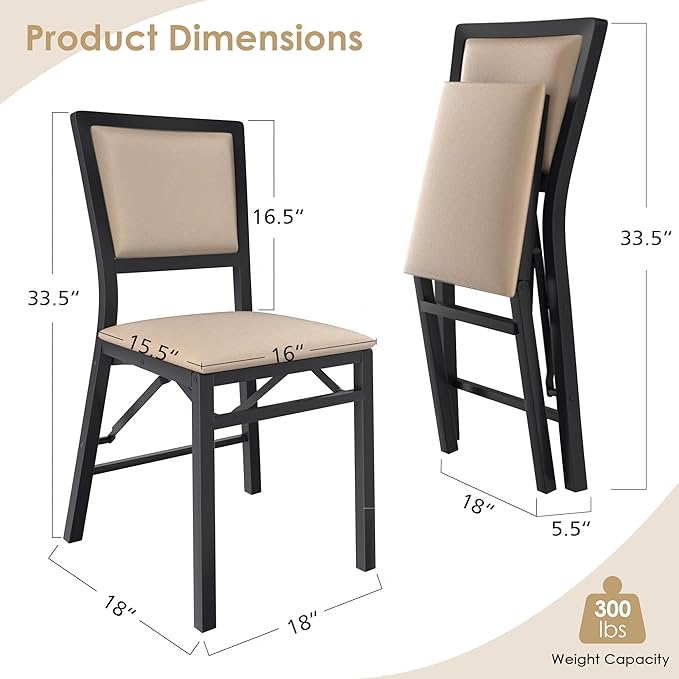 VECELO Folding Chairs Set of 4 with Cushion, Foldable Padded Seats with Heavy Duty Metal Frame for Kitchen/Dining/Living Room, No Assembly & Space Saving Design, Beige