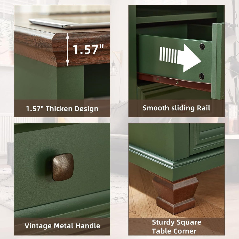 SAVOR LIFE Farmhouse Nightstand Set of 2 with Charging Station, Green | End T...