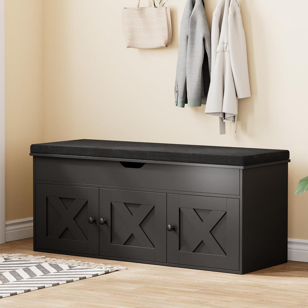 Homleke Shoe Storage Bench with Lift Top & 3 Barn Doors, Entryway Bench w...