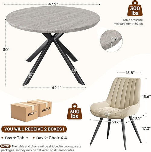 47.2" 5-Piece Round Dining Table Set for 4, Modern Wood Dining Table with 4 Upholstered Chairs, Kitchen & Dining Room Table Set with Metal Base for Apartment, Small Space, Grey Table+4 Beige Chairs
