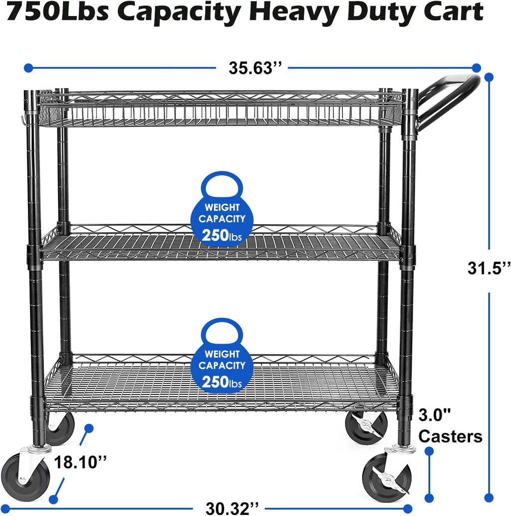 WDT Heavy Duty 3 Tier Utility Cart,Wire Rolling Cart with Wheels, Commercial Grade Service Cart with Shelving Liners and Handle Bar Metal Carts for Kitchen Office Hardware (750LBS Capacity Black)