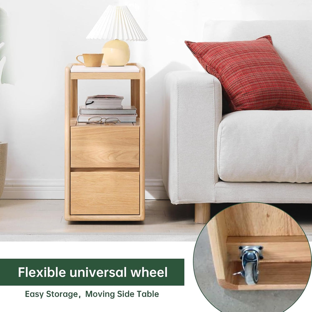 100% Solid Wood Side Table with Storage, Narrow End Table with 2 Drawers, Sli...