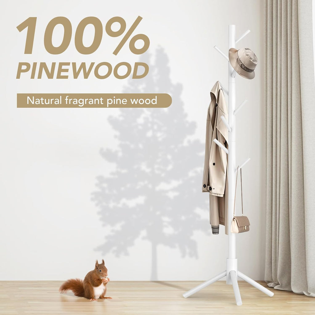 Wooden Coat Rack Freestanding with 8 Hooks,Easy Assembly New Zealand Pine Tree Coat Racks, 3 Adjustable Sizes for Clothes, Hats, Bags, for Entryway, Hallway, Bedroom, Office (White, 1 PC)