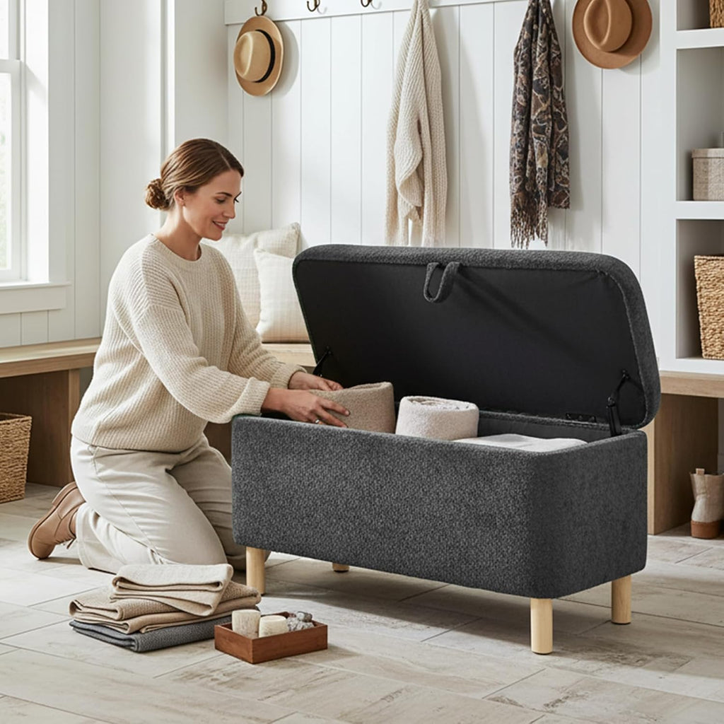 Ottoman with Storage, Storage Ottoman Bench, Entryway Bench with Wood Legs for Living Room, Bedroom, Sitting Area, Dark Grey