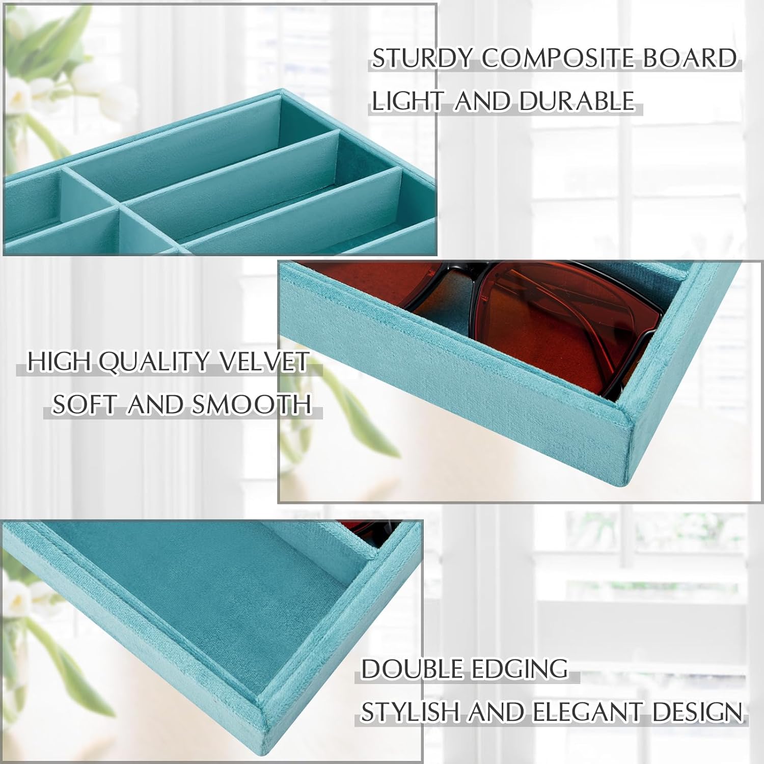 Amylove 2 Pcs Sunglass Organizer Trays Glasses Stackable Jewelry Trays Sunglass Organizer Display Box(8 Grids,Light Blue)