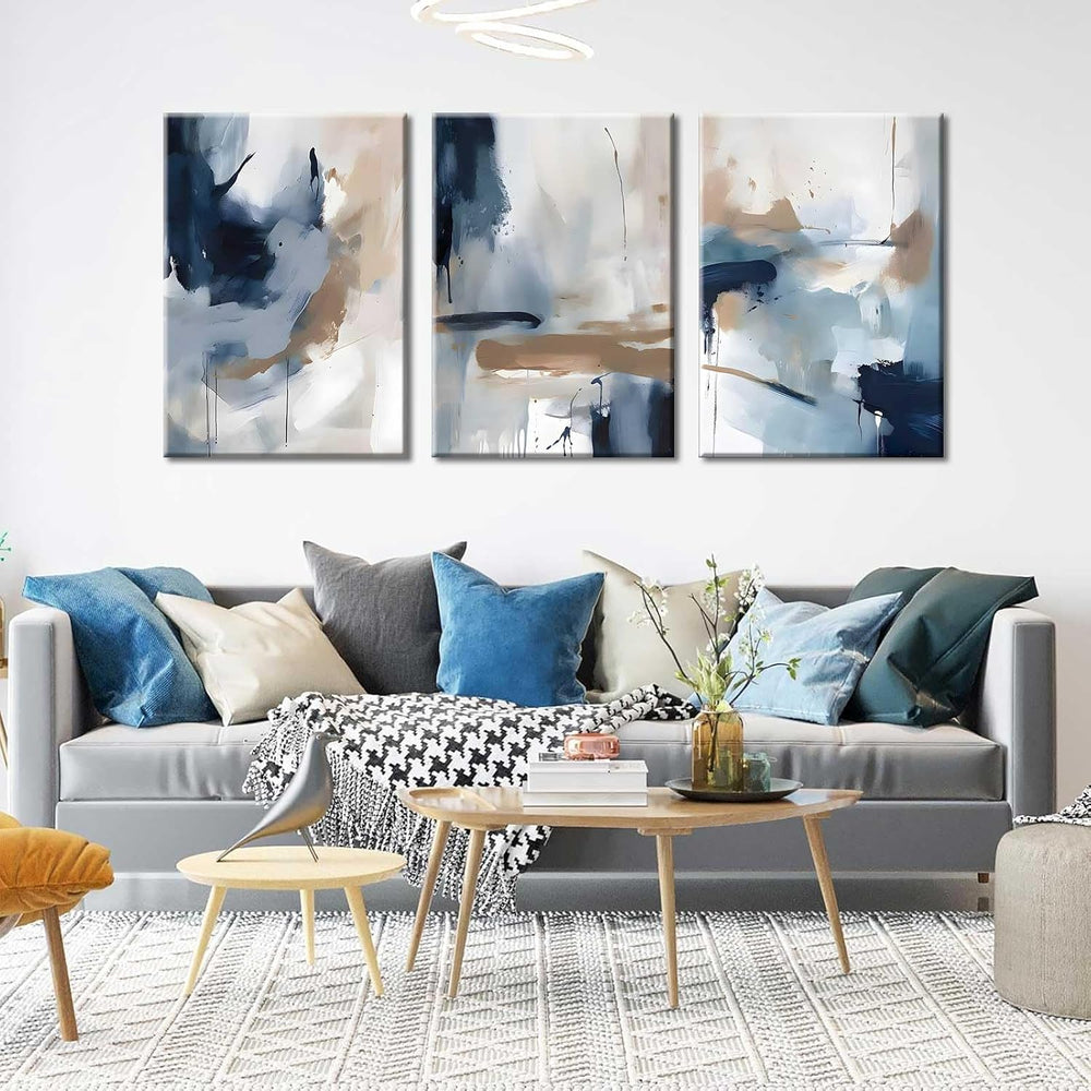 3Pcs Framed Navy Blue Wall Art Abstract Modern Brown Watercolor Canvas Poster...