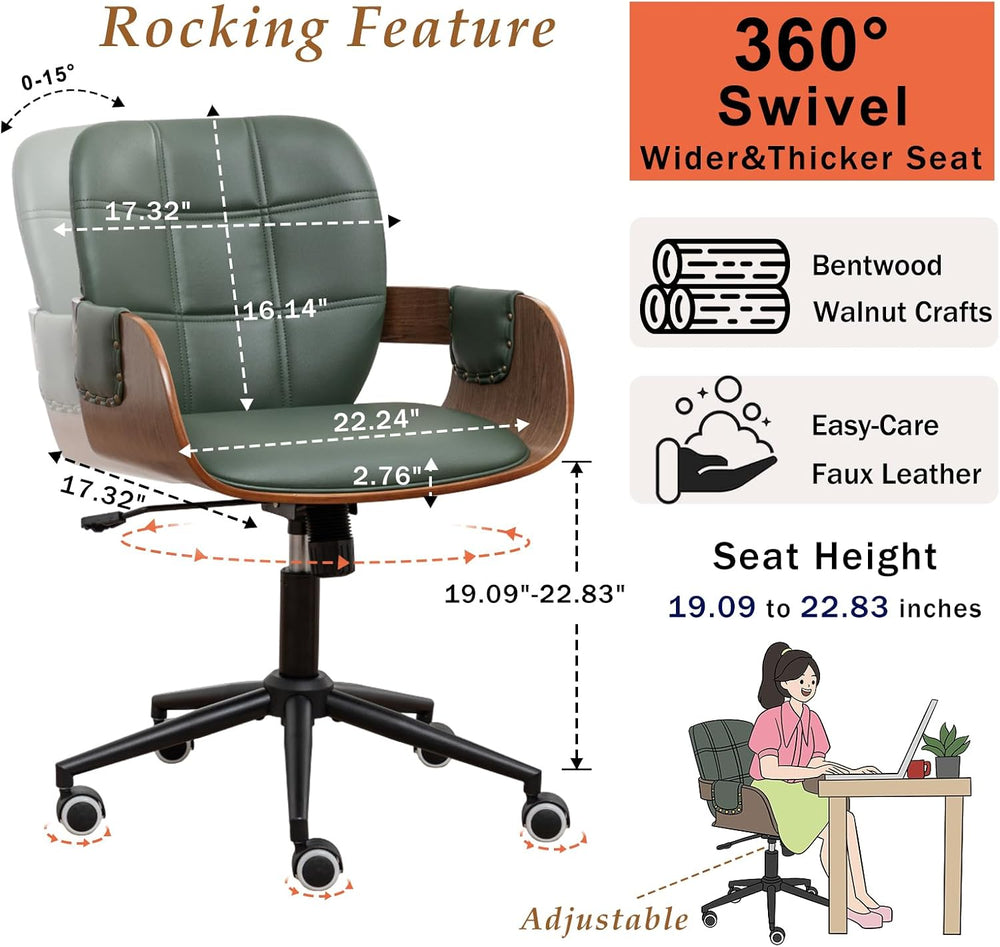Mid Century Modern Desk Chair, Faux Leather Office Chair with Walnut Finish |...
