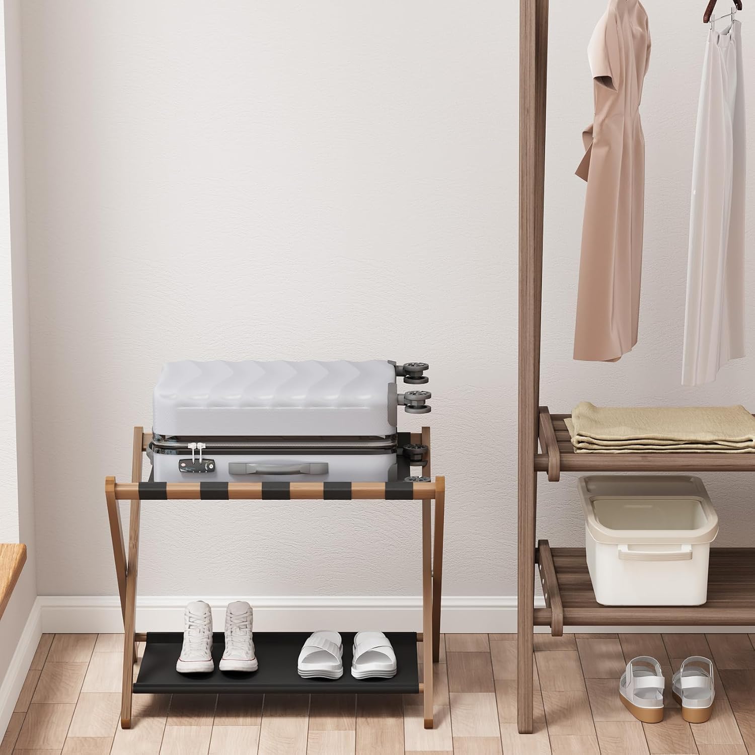 Smuxee Walnut Bamboo Luggage Rack for Guest Room, Foldable Suitcase Stand with Storage Shelf, Easily Assembled Luggage Stand with 5 Nylon Straps for Guest Room Bedroom Hotel