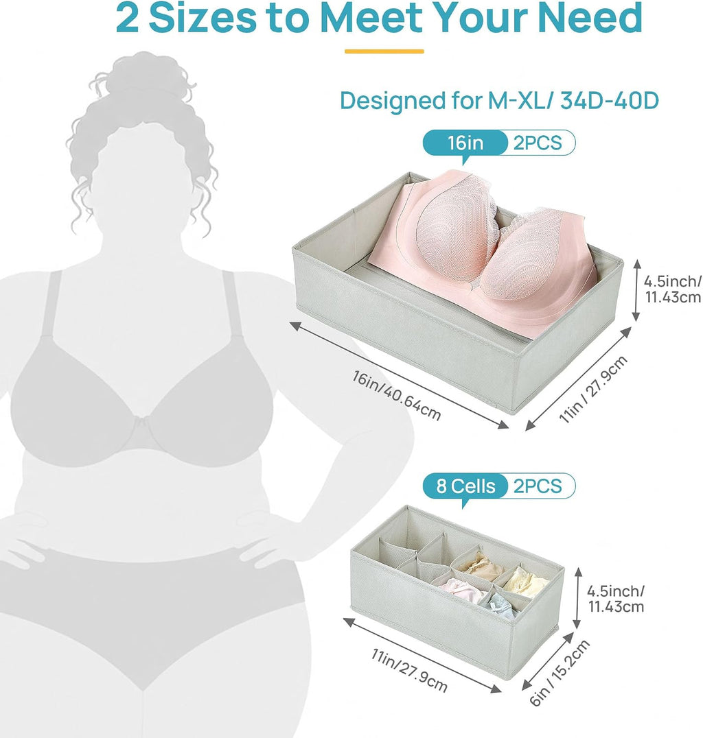 Vtopmart 4 Pack Large Bra Drawer Organizer, 16 Inch Foldable Fabric Underwear Storage Tray for Dresser Drawers, Keeps Shape for M-XL/34D-40D Bras, Closet Organizer