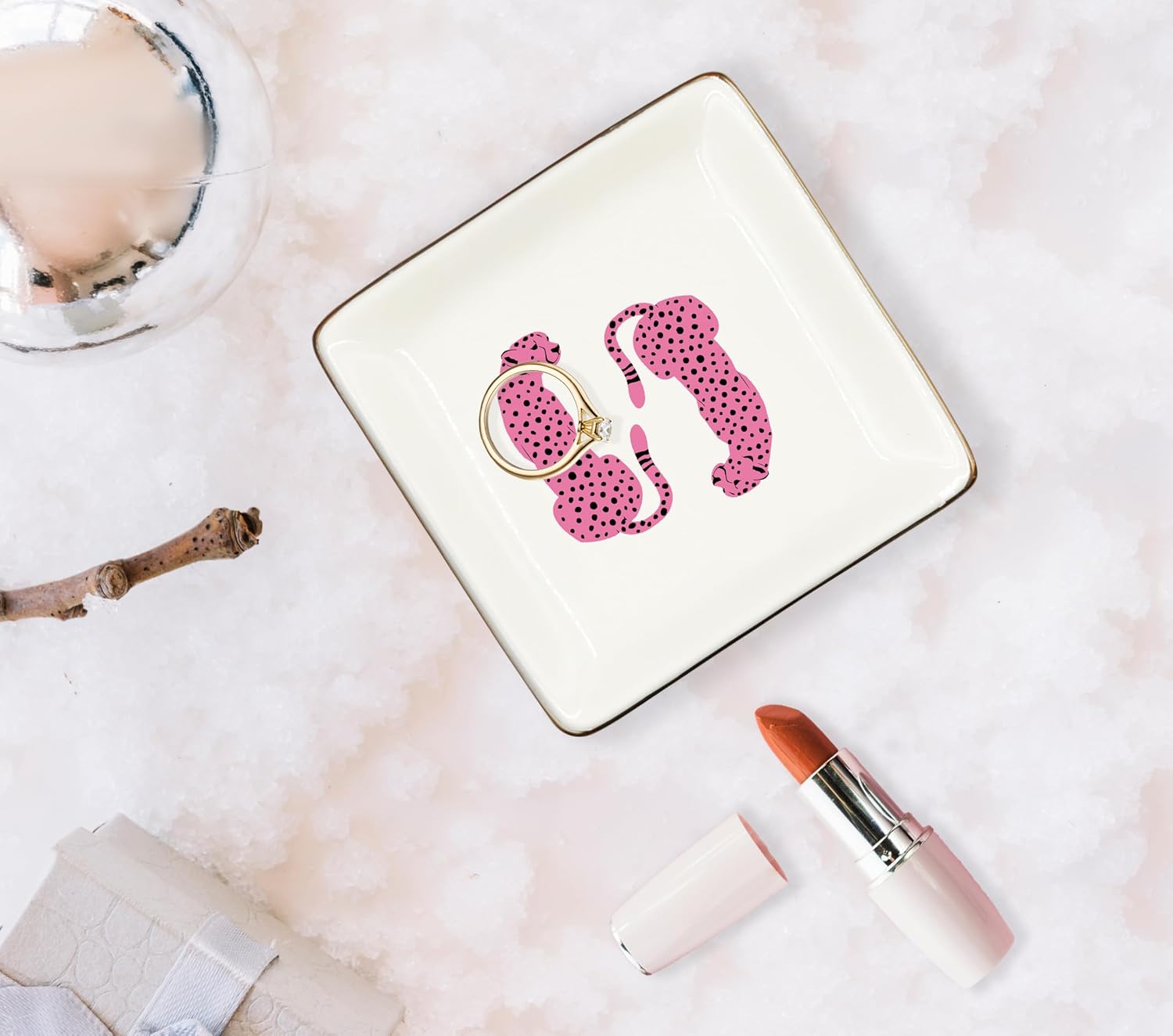 WODMIS Pink Leopard Ceramic Jewelry Tray Dish, Cheetah Gifts for Women, Trendy Retro Preppy Pink Cheetah Jewelry Plate Ring Trinket Dish, Leopard Gifts for Women