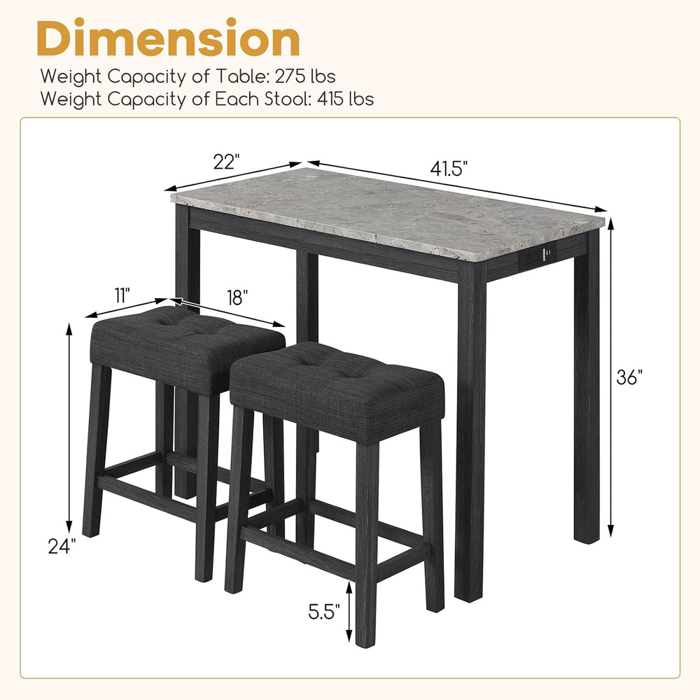 COSTWAY 3-Piece Wooden Bar Table Set with Charging Station | Modern Counter H...