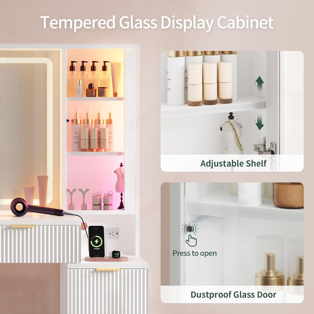 Big Vanity Desk, Fluted Makeup Vanity with Mirror Lights, Dressing Table | La...