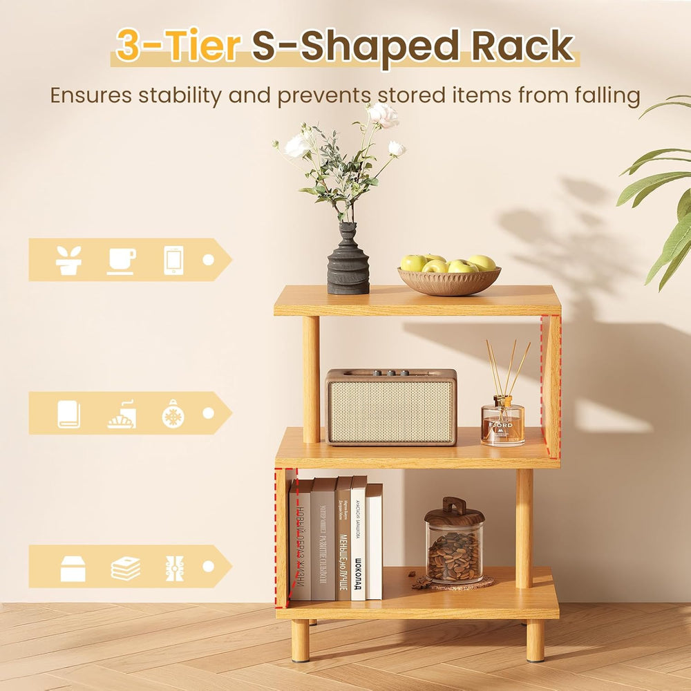 Apicizon S-Shaped Side Table, 3-Tier Nightstand with Solid Wood Legs, Slim Be...