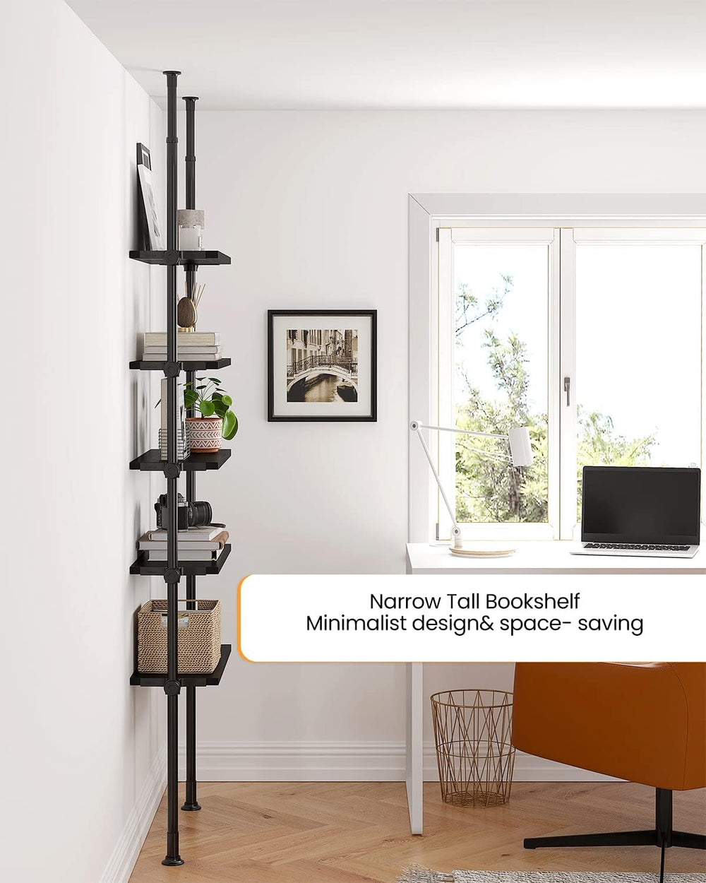 ALLZONE Adjustable Tall Narrow Bookshelf, 5-Tier Floor-to-Ceiling Tension Mou...
