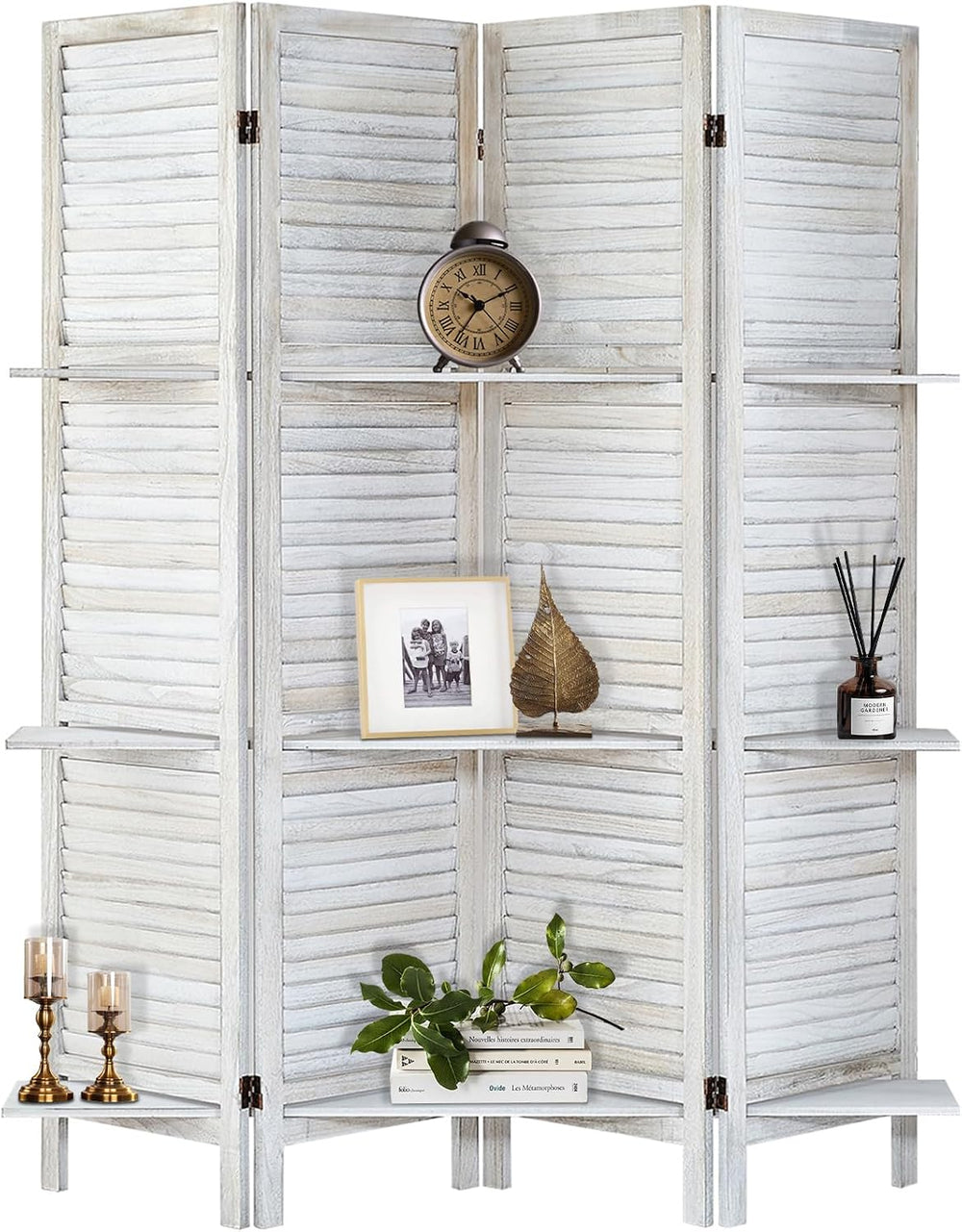 Room Divider with Shelves,4 Panel Distressed White