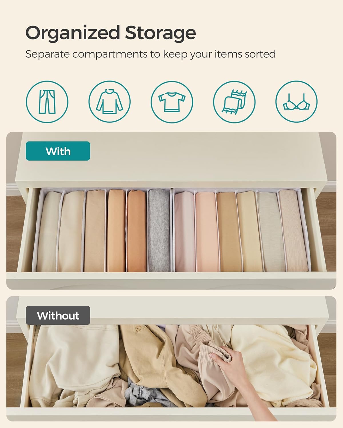 SONGMICS Set of 6 Large Size Wardrobe Clothes Organizers, 6-Compartment Foldable Drawer Organizers with Handles, 16.5 x 11.8 x 6.7 Inches, for Pants, Sweaters, Jeans, Cloud White URUS009W03