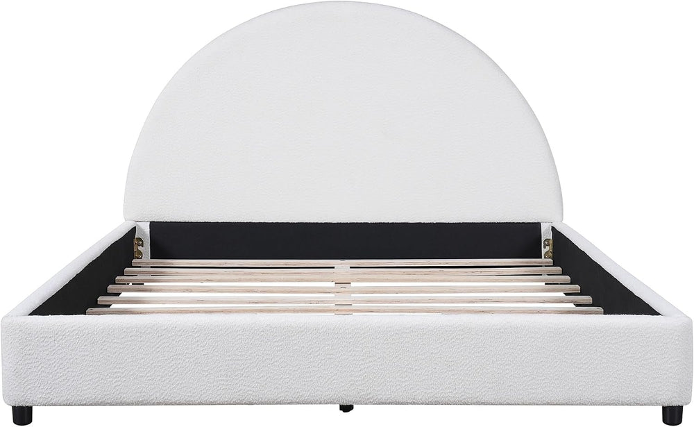 Peanu Queen Bed Frame, Boucle Upholstered Curved Headboard, White