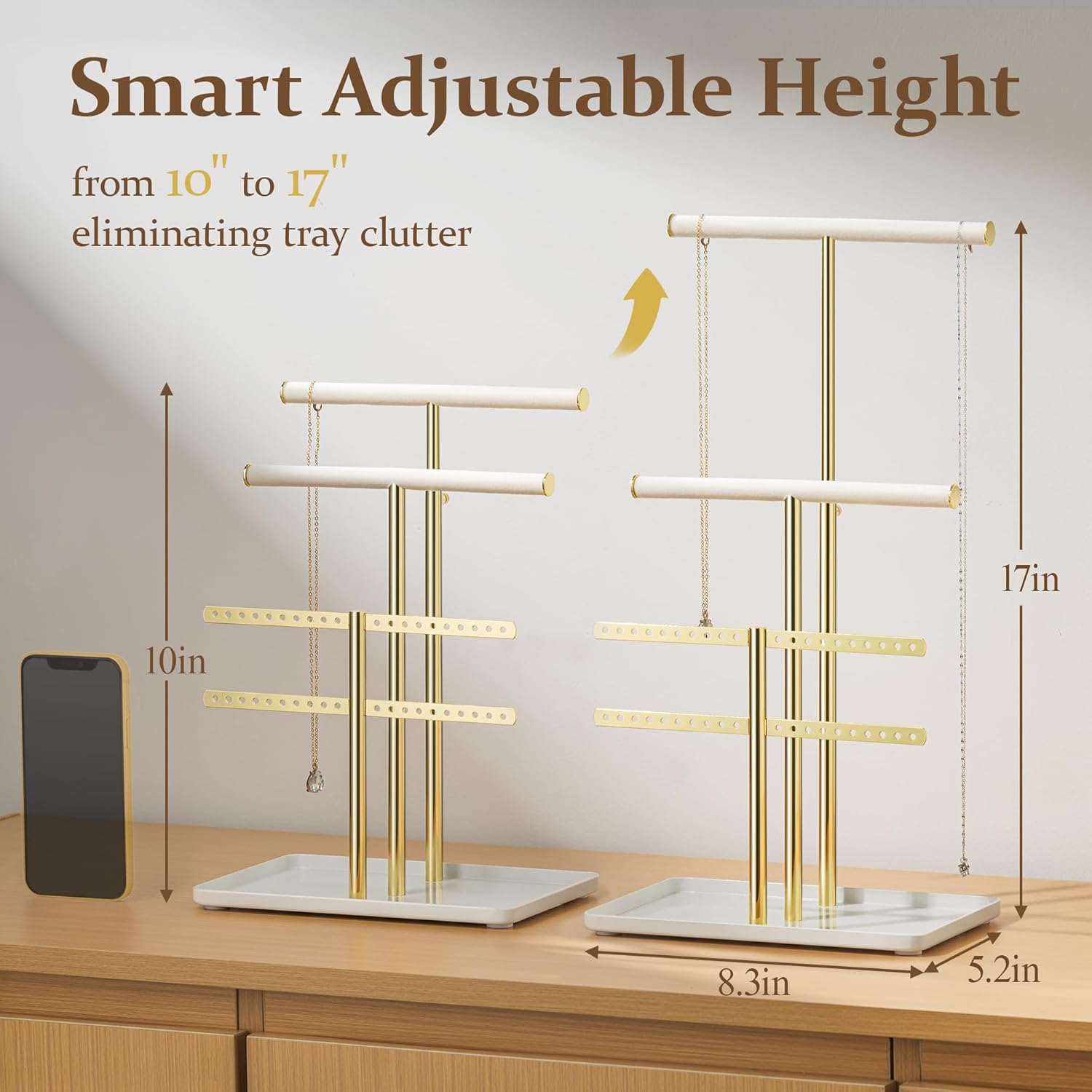 pickpiff Jewelry Holder Organizer with Velvet, Adjustable 10"-17" Tall, Metal Stand for Display Bracelet, Necklace, Earrings, Rings, White and Gold