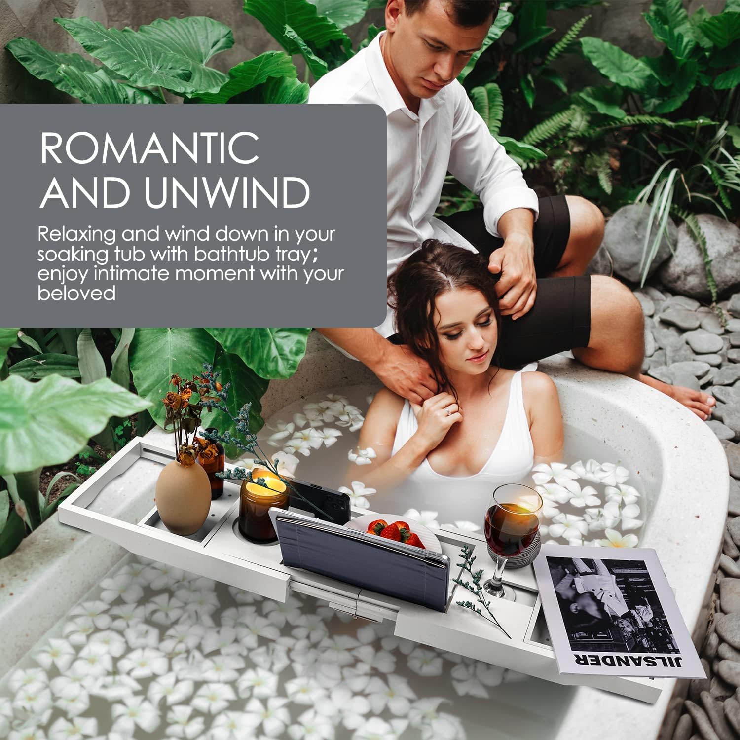 Foldable Bathtub Caddy Tray, Bamboo Bath Tub Tray Table for Tub with Wine Glass Holder Book Phone Tablet Holder with Extending Sides, Adjustable Bathroom Bathtub Free Soap Holder Gift Idea (White)