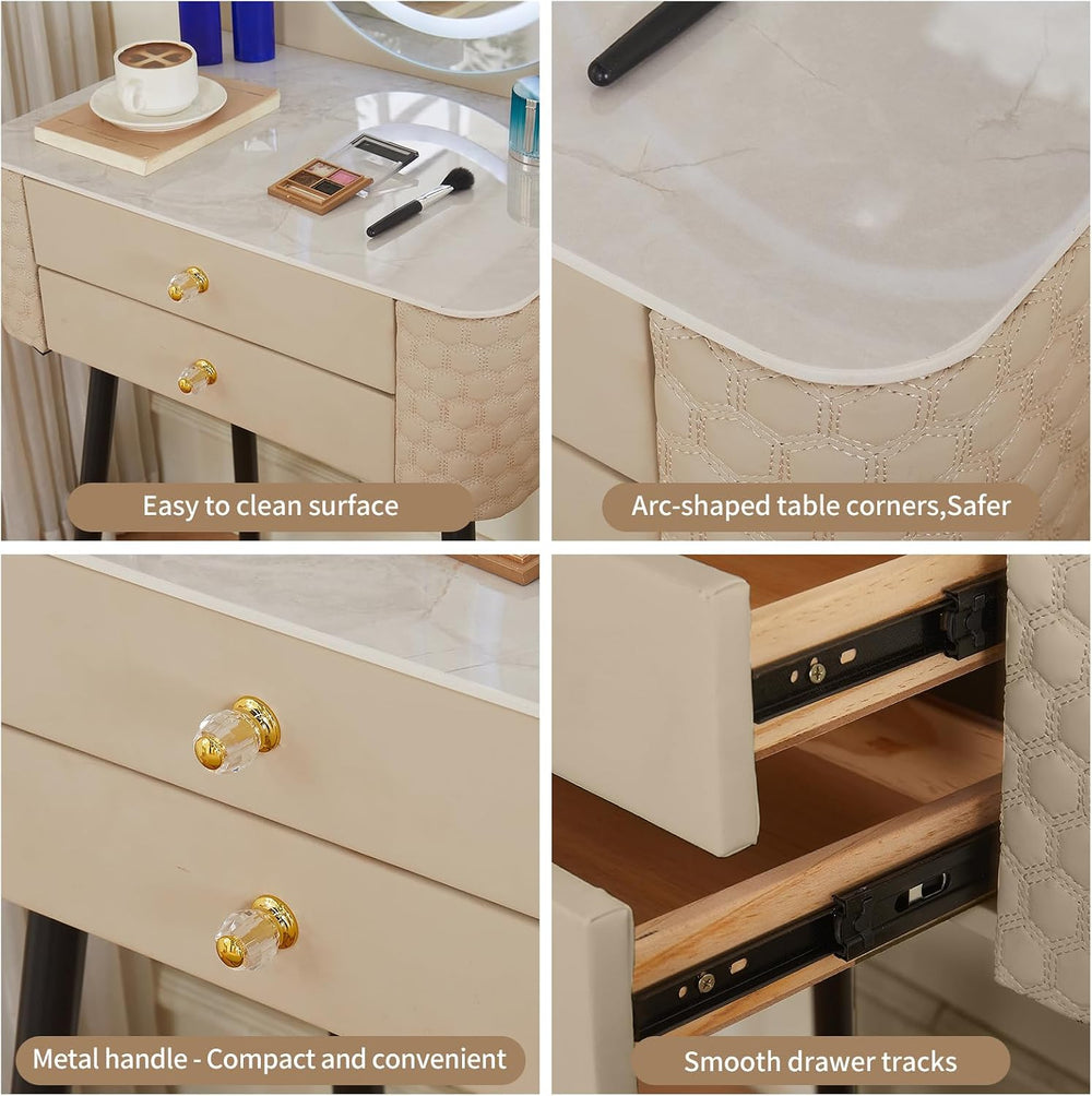 Small Vanity Desk with Mirror and Lights, 2 Drawers.(Beige) | 3 Color Lightin...