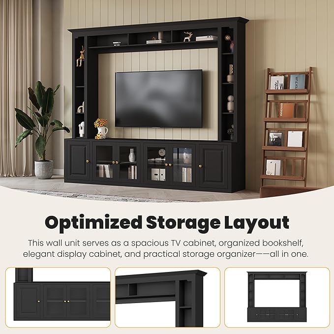 Merax Modern 4 Piece Entertainment Wall Unit with Bookshelf for Televisions Up to 80'', Wood Inch Large Entertainment Center w/Storage, TV Cabinets for Living Room, Black