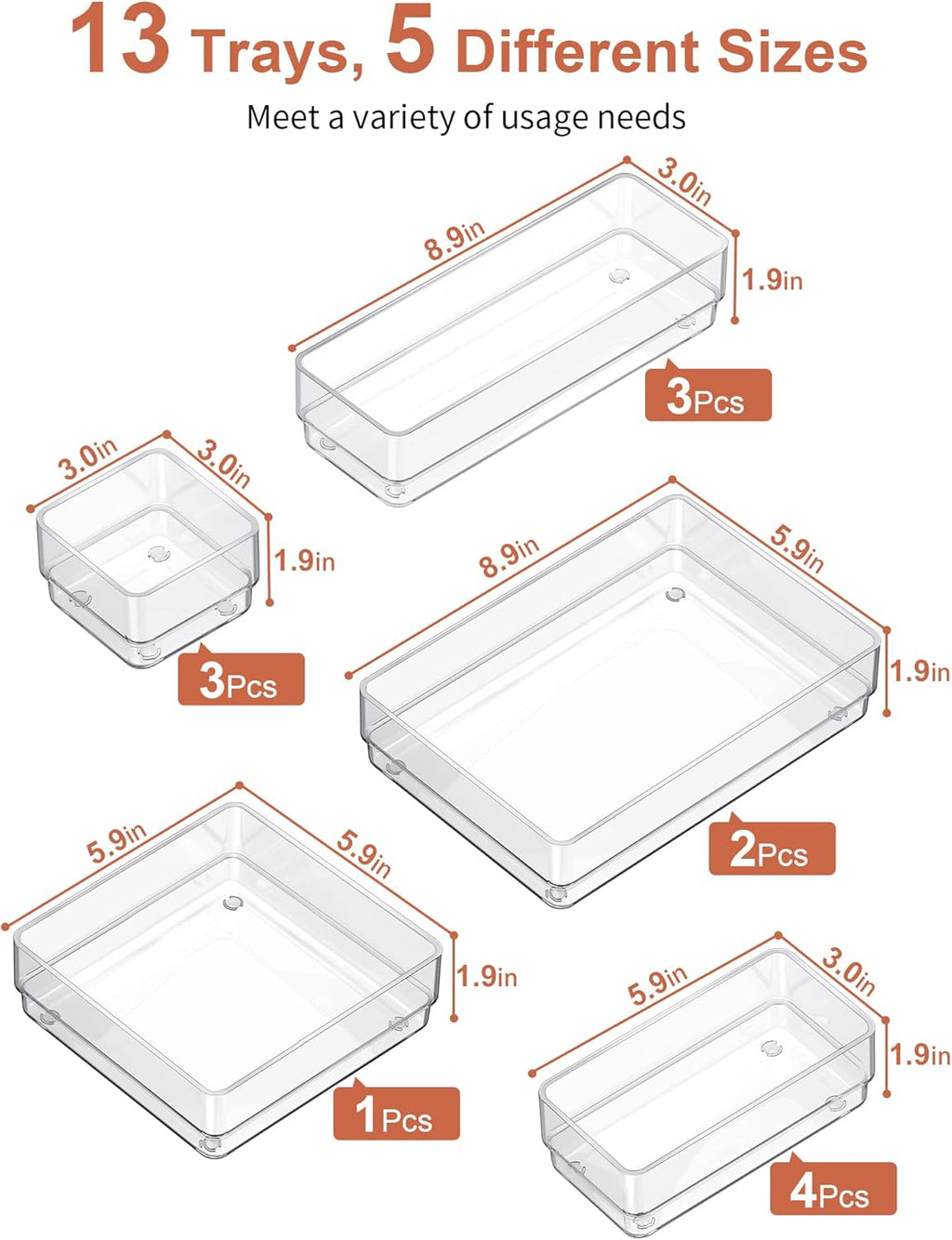 SMARTAKE 13 PCS Drawer Organizer 5-Size Desk Makeup Drawer Organizer Clear | Storage Trays for Makeup with Non Slip Silicone Pads, Jewelries, Utensils in Bedroom Dresser, Office, Kitchen and Bathroom