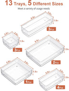SMARTAKE 13 PCS Drawer Organizer 5-Size Desk Makeup Drawer Organizer Clear | Storage Trays for Makeup with Non Slip Silicone Pads, Jewelries, Utensils in Bedroom Dresser, Office, Kitchen and Bathroom