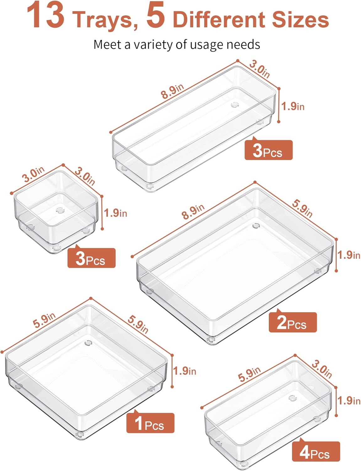 SMARTAKE 13 PCS Drawer Organizer 5-Size Desk Makeup Drawer Organizer Clear | Storage Trays for Makeup with Non Slip Silicone Pads, Jewelries, Utensils in Bedroom Dresser, Office, Kitchen and Bathroom