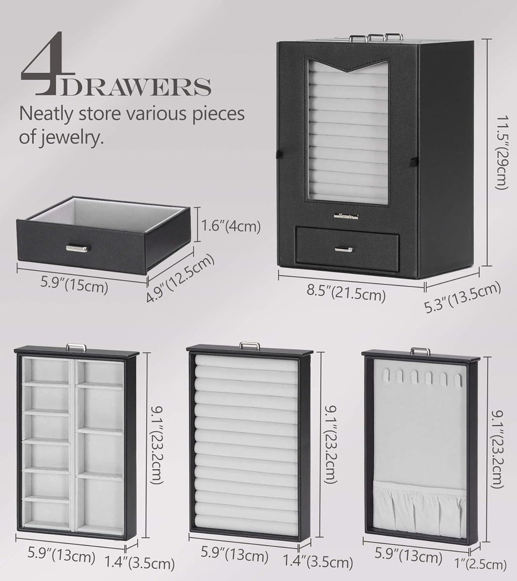Homde Jewelry Organizer with Transparent Window Necklace Hooks Gift for Women Jewelry Box Display Case for Necklaces Rings Earrings Bracelets and Other Accessories (Black)