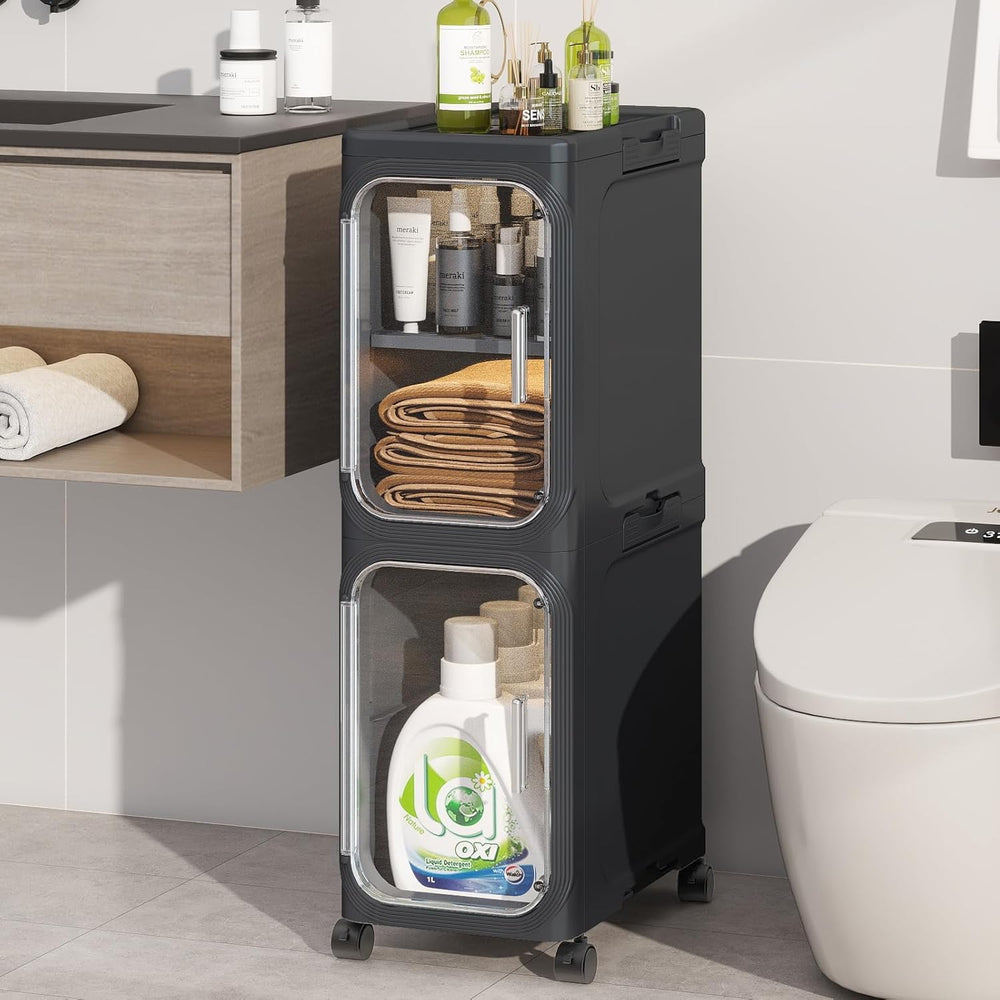 2 Tier Slim Bathroom Storage Cabinet, Foldable and Movable, Black | Tools Fre...