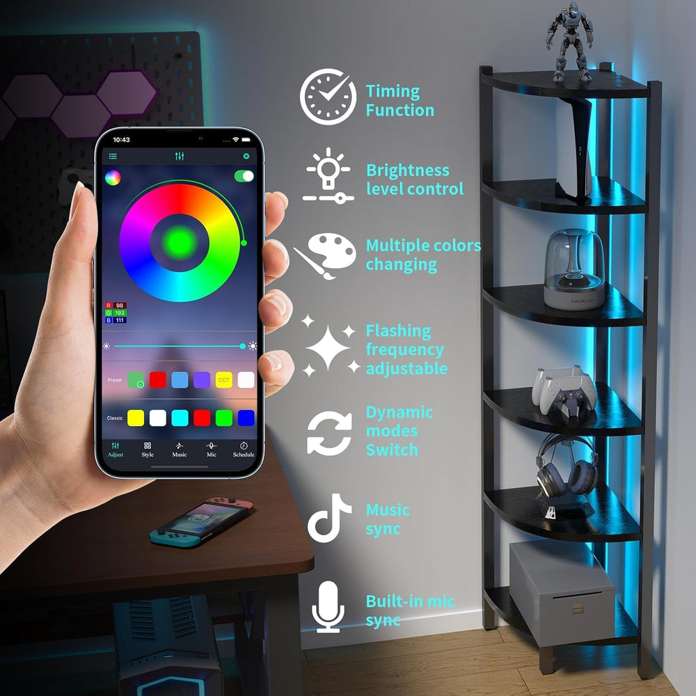 Corner Shelf with LED Lights, 6-Tier Corner Bookshelf, 66'' Organizer...