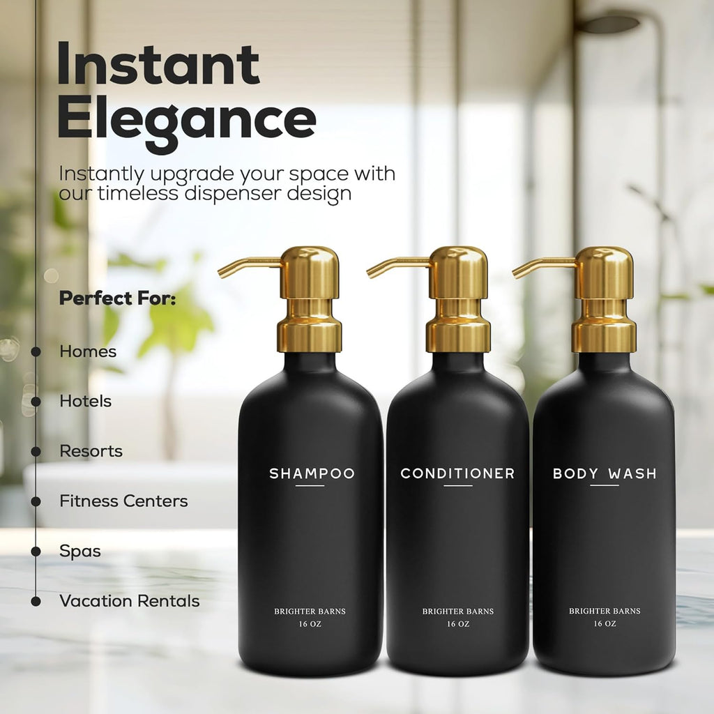 Luxury Shampoo and Conditioner Dispenser Set by Brighter Barns - Black and Gold Shower Soap Dispenser Set - Refillable Body Wash & Shampoo Bottles - Luxury Bathroom Decor for Spa, Airbnb (Black Gold)