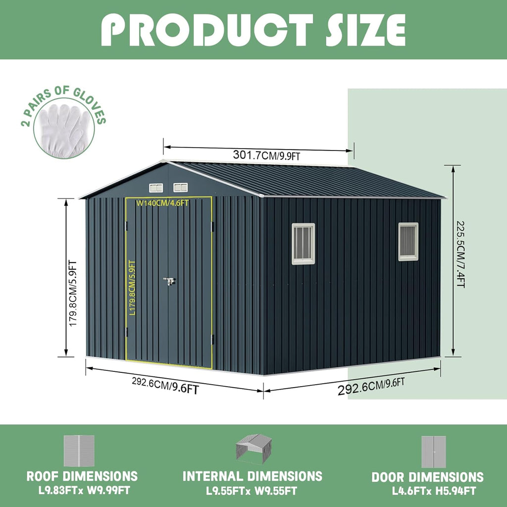Breezz Outdoor Storage Shed 10 x 10 ft. Utility Tool Shed Metal Storage Garden Shed with Lockable Doors, Windows for Patio Storage,Nightblue