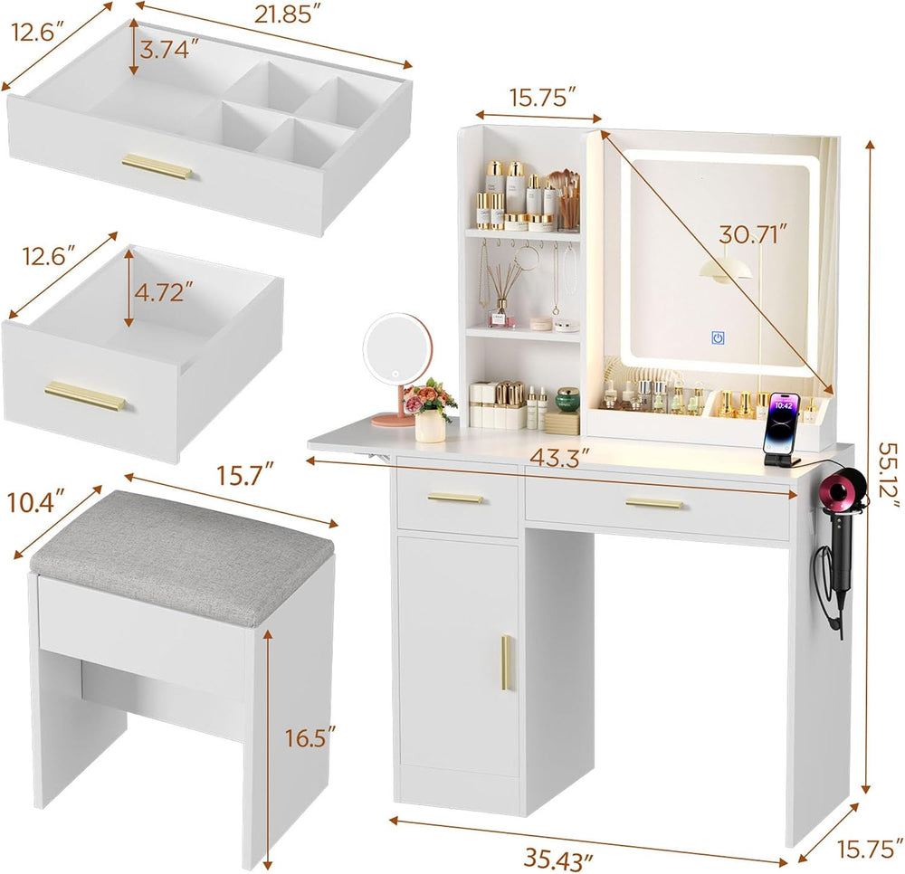 ERLEJIA Vanity Desk with Mirror and Lights & Extral Foldable Desk, 31.5&q...