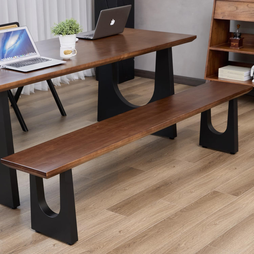 Walnut Color Long Bench Solid Wood Top Metal Legs U-Shaped Design Durable Stu...