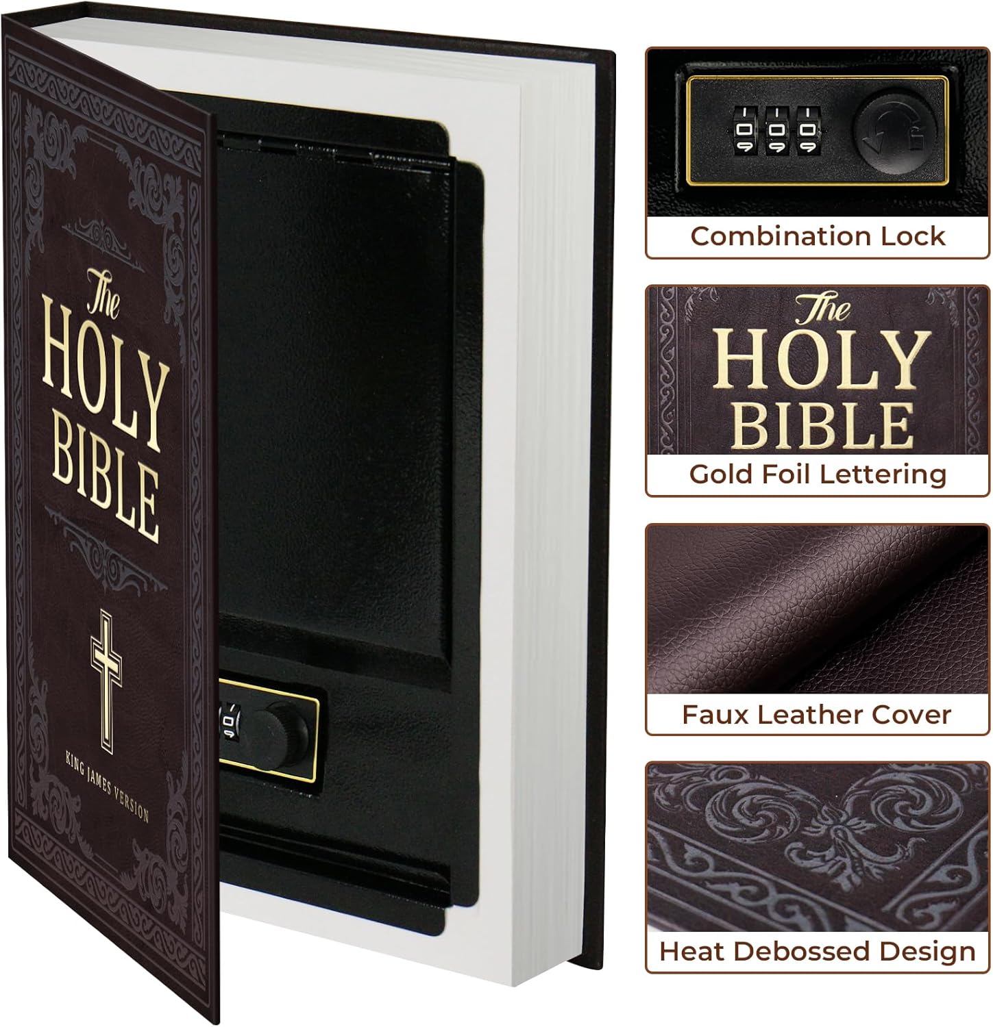 Book Safe with Combination Lock, Hidden Safe (10.9 x 7.7 x 1.8 Inch) with Fireproof Bag, Secret Diversion Safe, Hollow Book Box Hidden Storage, Money Safe Box for Cash (Bible)