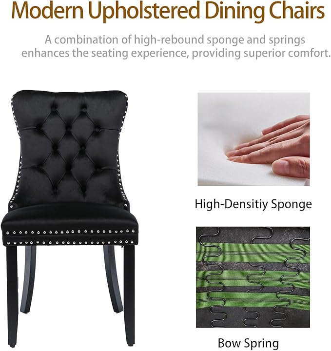Velvet Dining Chair Set of 6, Tufted Upholstered Dining Room Chairs with Back Ring Pull, Nailhead Trim and Solid Wood Legs, Modern Dining Chairs for Dining Room, Kitchen(Black)