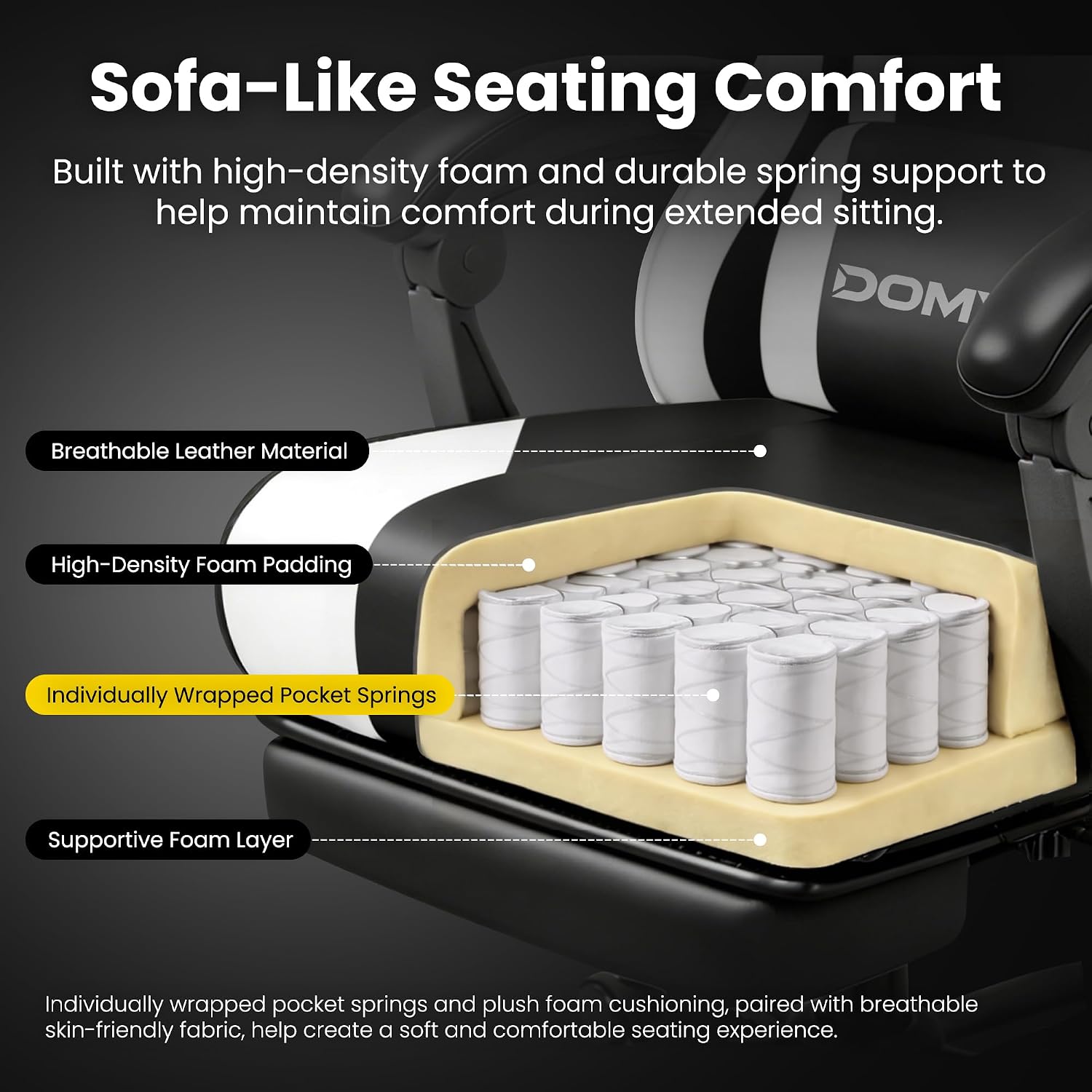Gaming Chair Gamer Game Ergonomic with Footstool Lumbar Support Deep Black | Headrest, Height and Backrest Adjustable, Deep Black Leather, 210 KG Heavy Duty Load Capacity 52cm Wingless Cushion