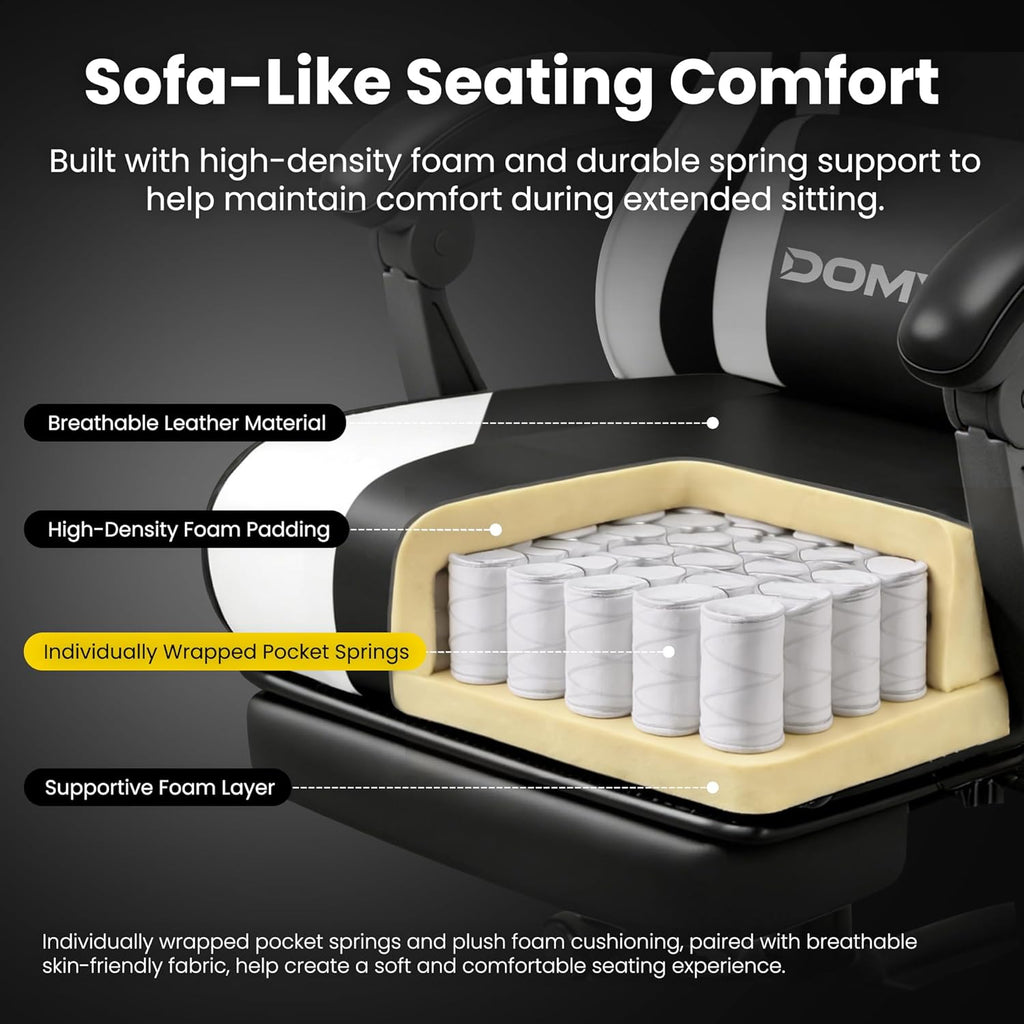 Gaming Chair Gamer Game Ergonomic with Footstool Lumbar Support Deep Black | Headrest, Height and Backrest Adjustable, Deep Black Leather, 210 KG Heavy Duty Load Capacity 52cm Wingless Cushion