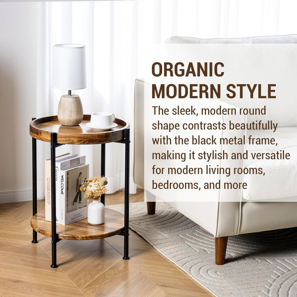 MyGift 2 Tier Round End Table with Premium Acacia Solid Wood Shelf and Black ...