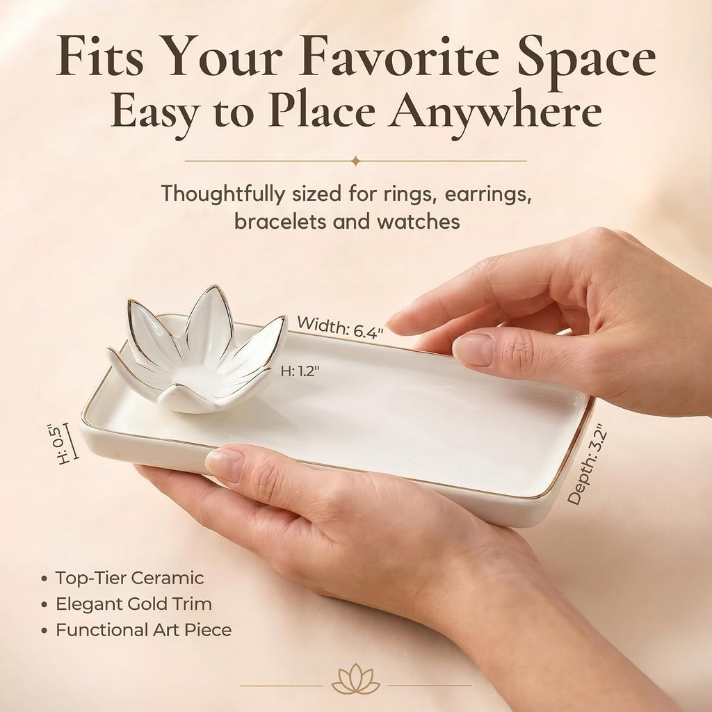 Mystic Touch Ceramic Jewelry Dish with Flower Ring Holder [Golden Trim]