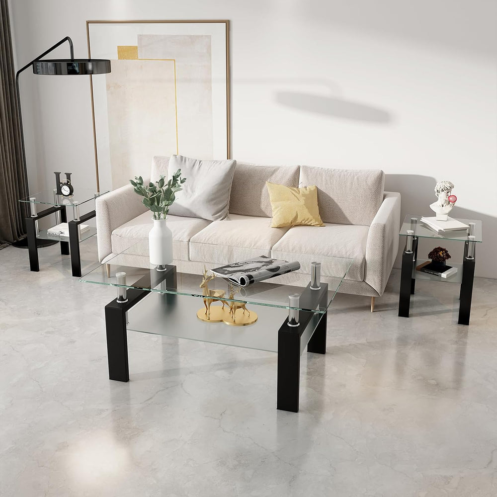 ODUSE-DAILY Glass Coffee Table - Black Metal Frame Set of 3 Living Room Table...