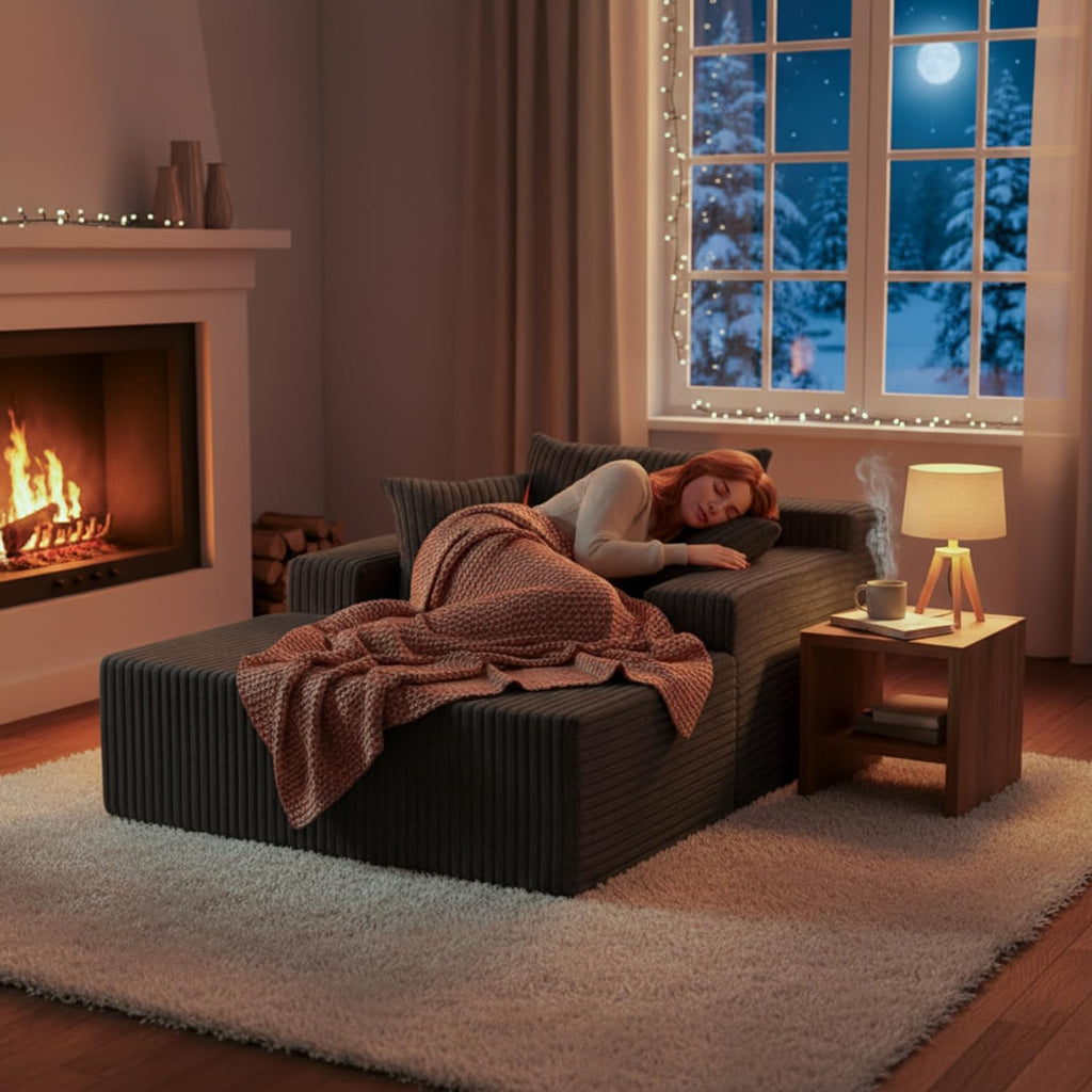 Chaise Lounge with Armrests, Oversized Sofa Bed with 3 Pillows, Cozy Couch, Sleeper Reading Chair for Living Room Bedroom, Floor Sofa Corduroy, Furniture Sala, Volcanic Ash
