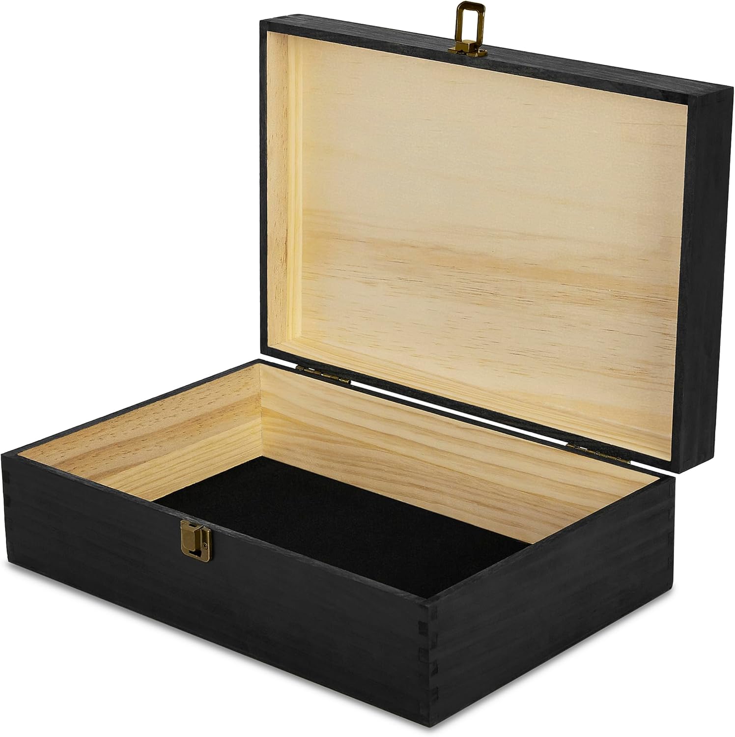 makerflo XL Black Pine Wood Memory Box with Black Felt Inside, Hinged with Clasp, Keepsake Wooden Box Ideal for Craft and Personalization (Laser Engraving, Epoxy, UV DTF, and Vinyl) – Pack of 1