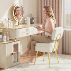 MALOL Velvet Makeup Vanity Chair with Storage and Back, Cute No Wheels Vanity Stool Ottoman with Golden Metal Legs for Bedroom Dressing Closet, Beige