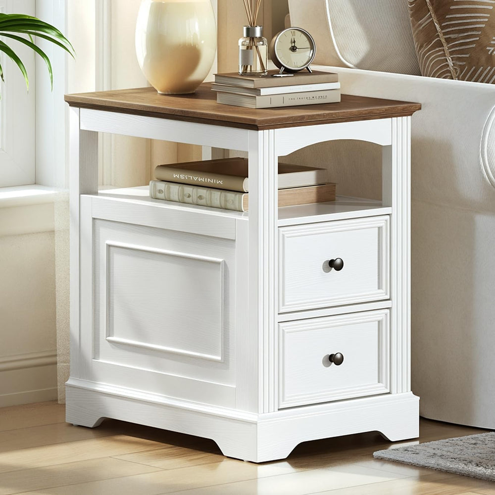 RALGEND Farmhouse End Table with 2 Drawers, Narrow Sofa Side Table with Stora...